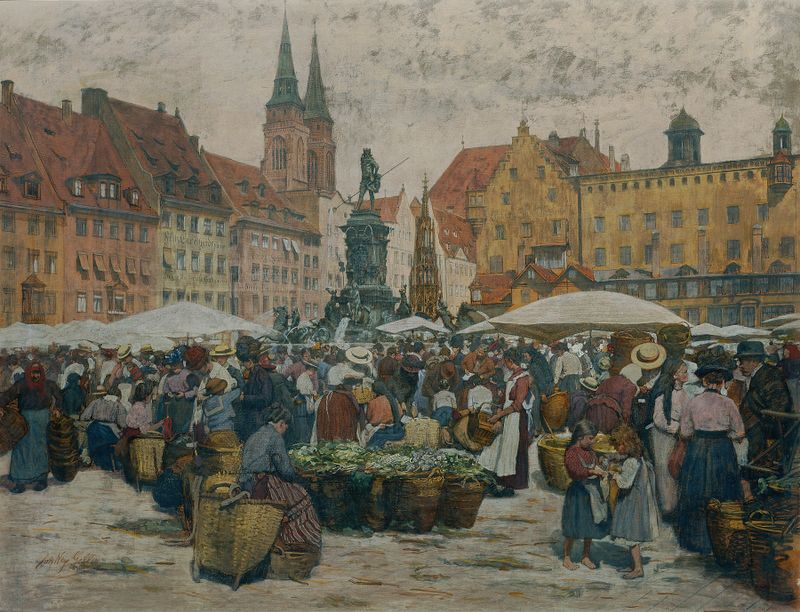 Genre scene depicting a bustling market in oil on canvas by Johann Nepomuk Geller