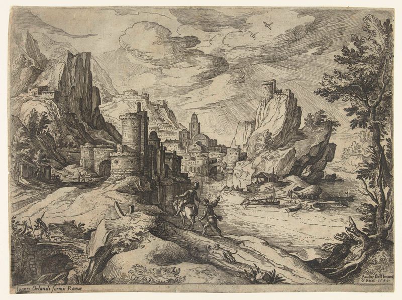Etching by Paul Bril depicting a landscape of Campania with hills and travelers