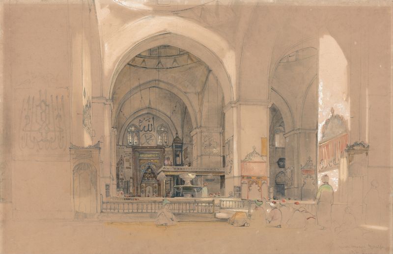 Interior da Grande Mesquita, Bursa por John Frederick Lewis, aquarela sobre papel
