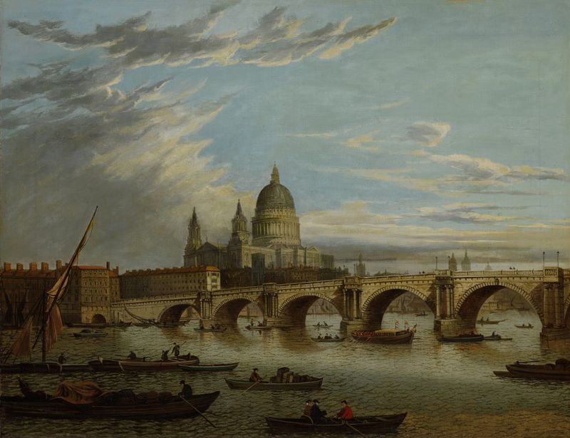 Vista da Ponte de Londres, óleo sobre tela de John Paul, retratando um rio e uma cidade.