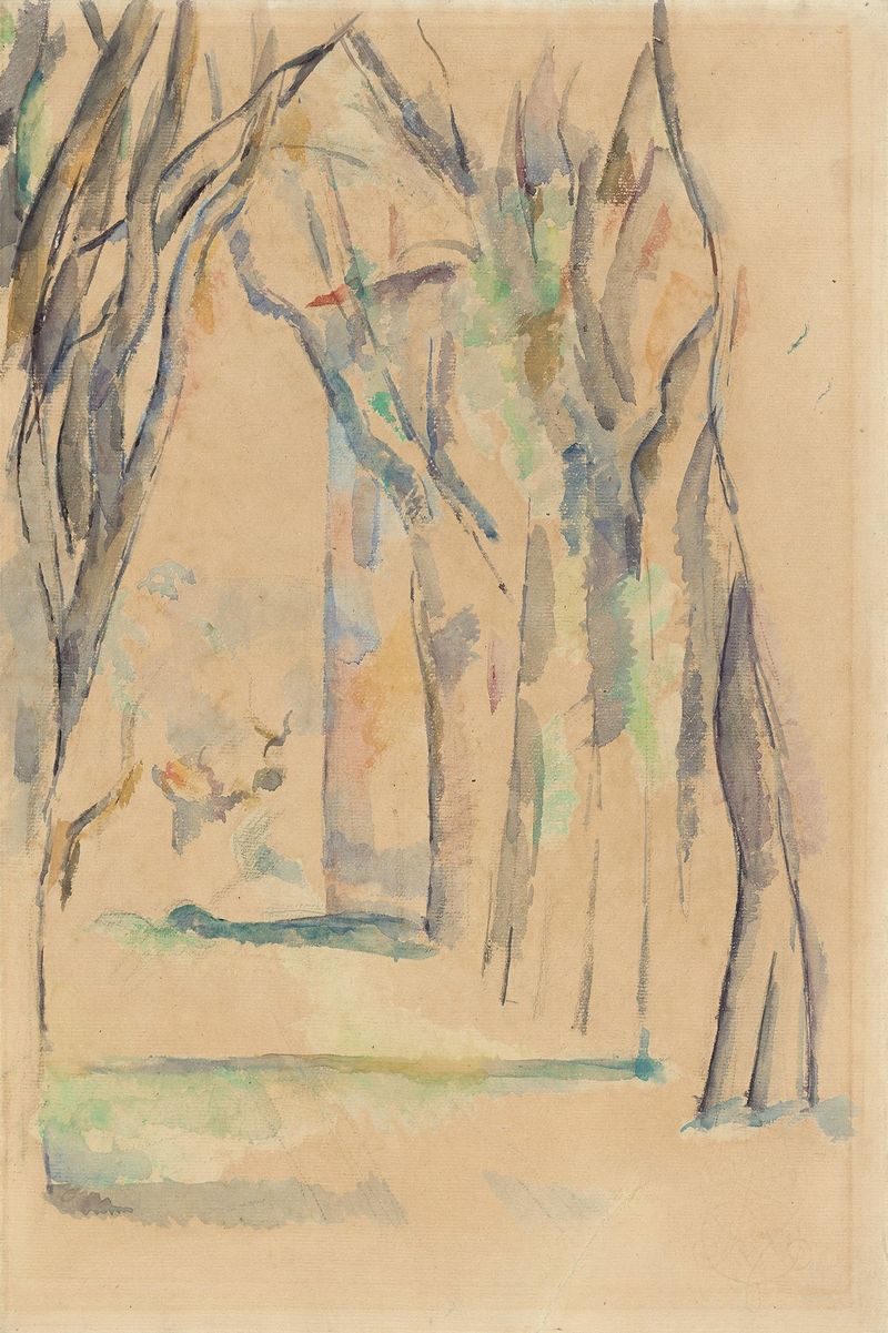 L´Allée des marronniers au Jas de Bouffan, óleo sobre tela de Paul Cezanne, retratando um caminho exuberante com árvores.