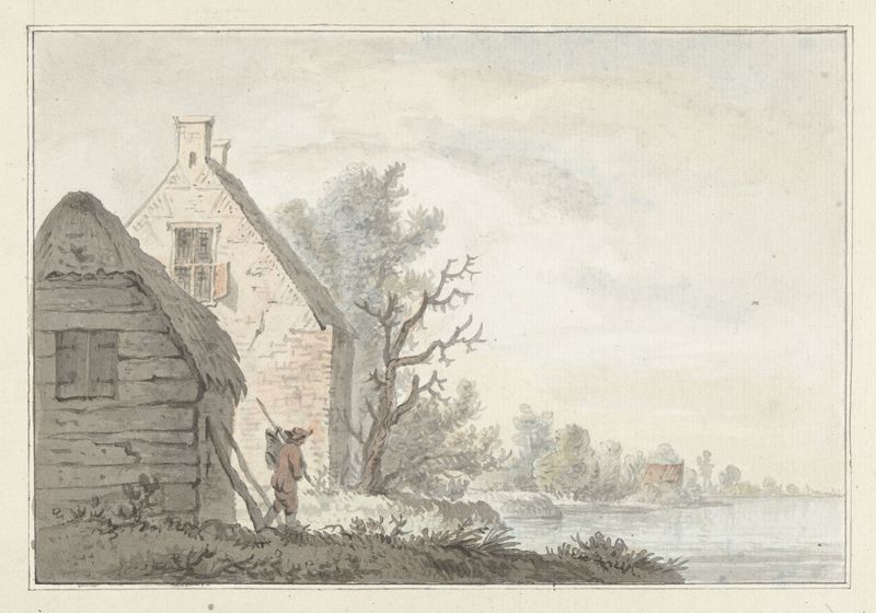 Paisagem com rio e cottages, pintura a óleo de G. van Bosvelt