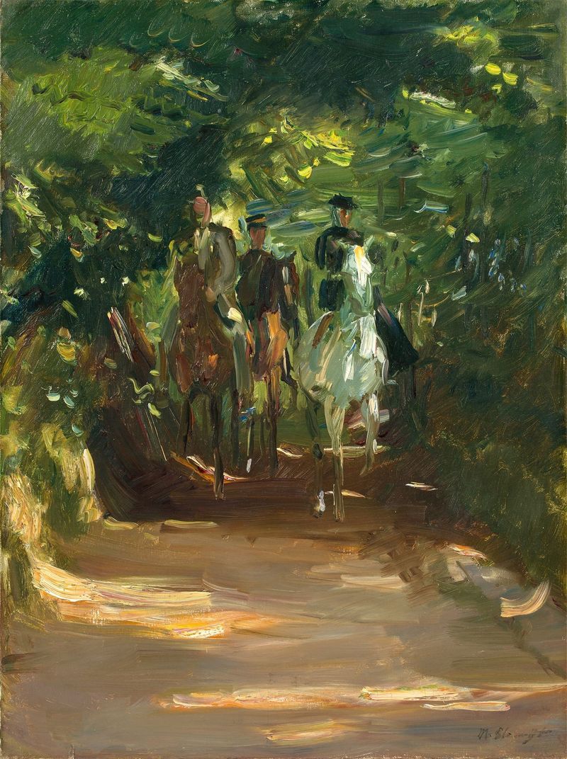 Reitergruppe im Wald de Max Slevogt, óleo sobre tela mostrando cavaleiros entre árvores