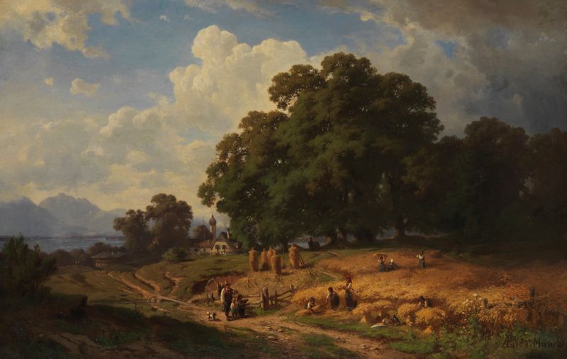 Paisaje exuberante con campos y Chiemsee, óleo sobre lienzo de Adolf Heinrich Lier