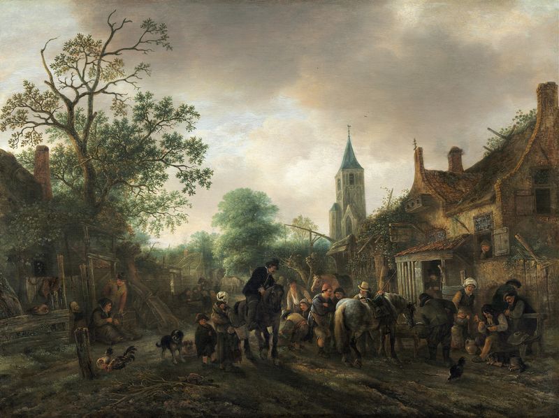 The Halt at the Inn by Isaac van Ostade, oil on panel depicting a cozy inn interior with warm light.