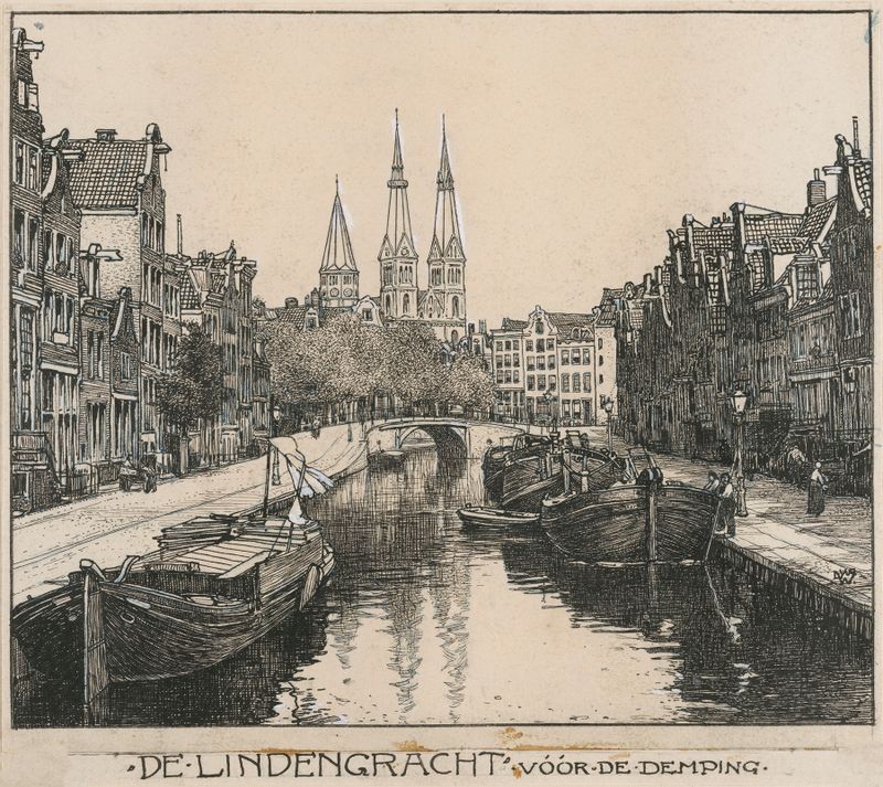 Canal scene at dawn with boats and reflections, by Willem Wenckebach, Impressionism