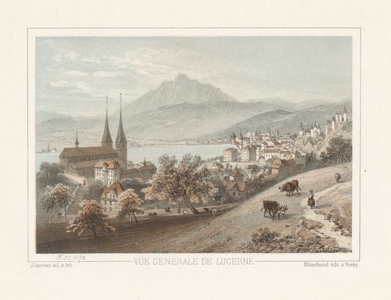 Paisaje del Lago Lucerna con montañas, pintura al óleo de Jean Jacottet