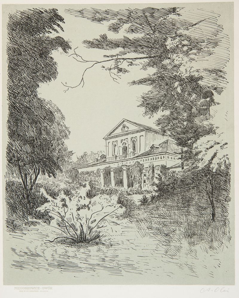 Niegoszowice – Dwór by Andrzej Zygmunt Oleś, oil on canvas depicting a manor.