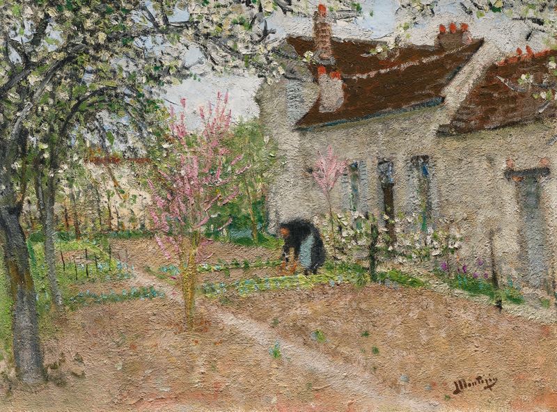 Jardin à Veneux, pintura al óleo de Pierre-Eugène Montézin que representa un exuberante follaje de jardín.