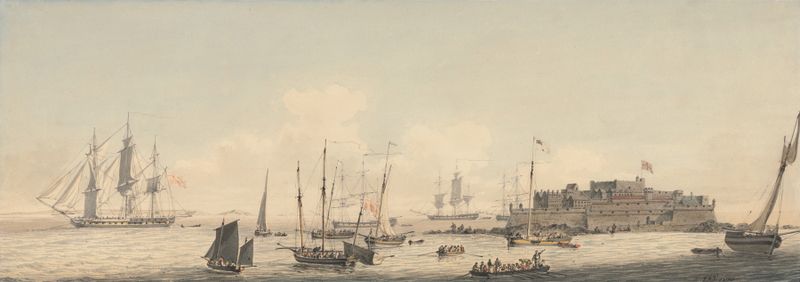 View of Castle Cornet with shipping, oil on canvas by John Thomas Serres