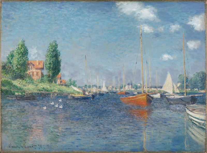 Barcos vermelhos na água, óleo sobre tela de Claude Monet