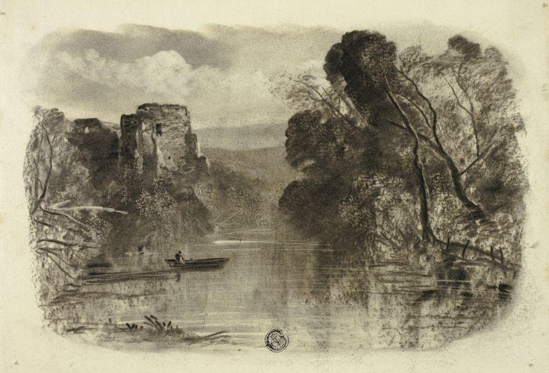 River with Castle Ruin and Boat I, oil on canvas by Elizabeth Murray