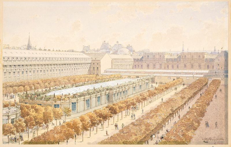 Le Palais Royal en 1794 de Fédor Hoffbauer, pintura a óleo que retrata arquitetura histórica.