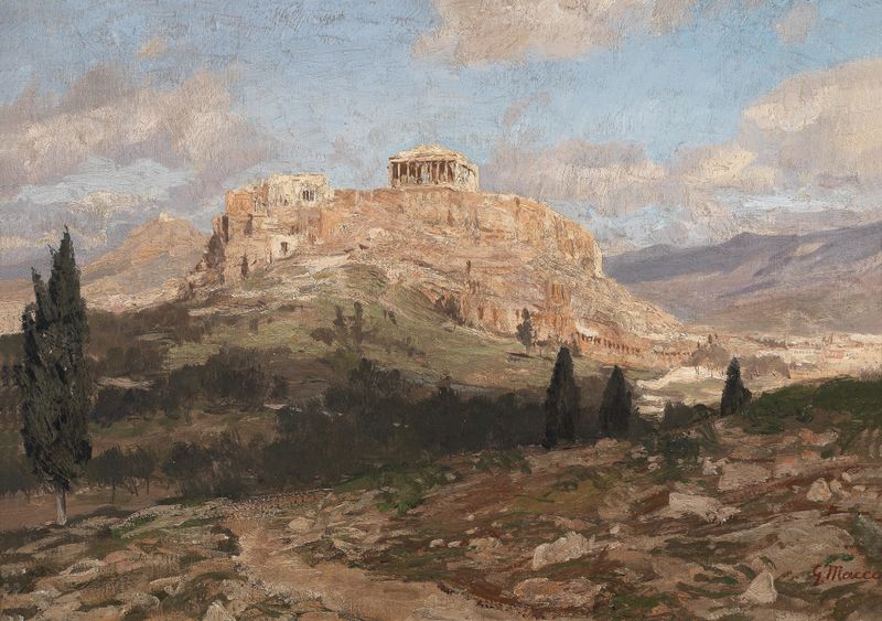 Akropolis by Georg Macco, oil on canvas, features ancient architecture illuminated by warm light.
