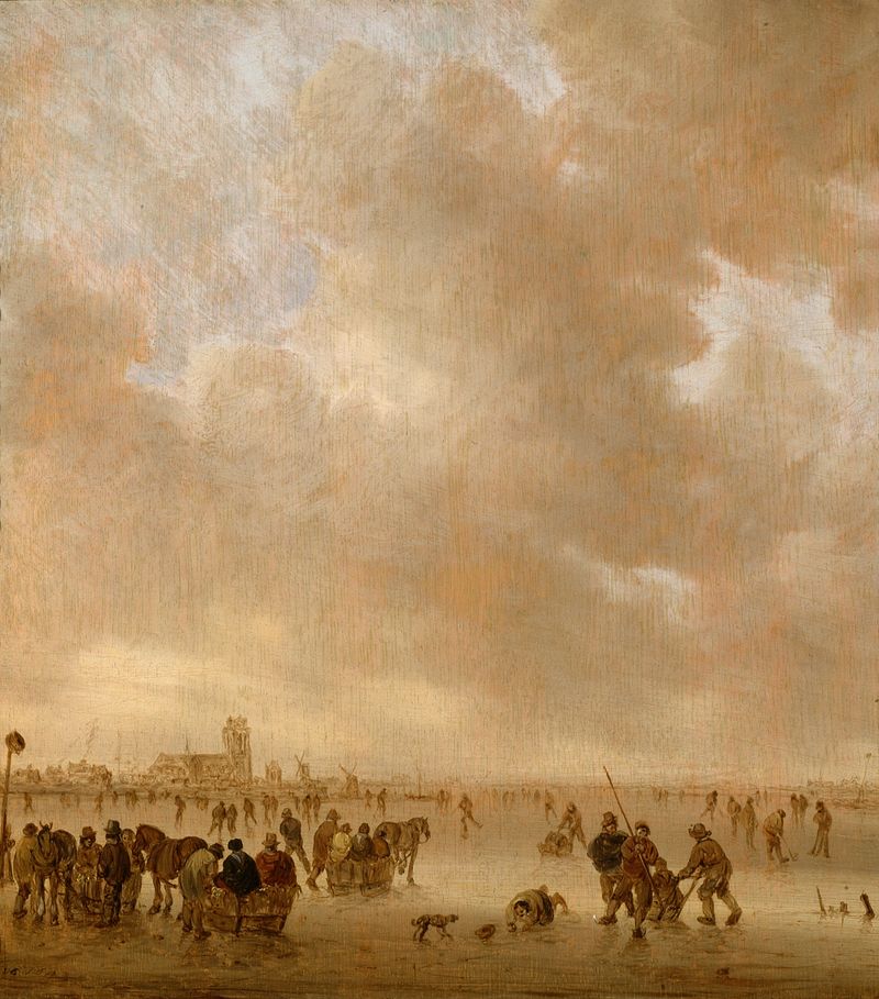 On the Ice Near Dordrecht, óleo sobre lienzo de Jan van Goyen, que muestra figuras sobre el hielo.