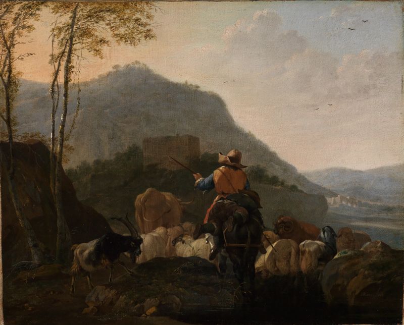 Herdsmen with their flock in a southern landscape, oil painting by Johann Heinrich Roos.