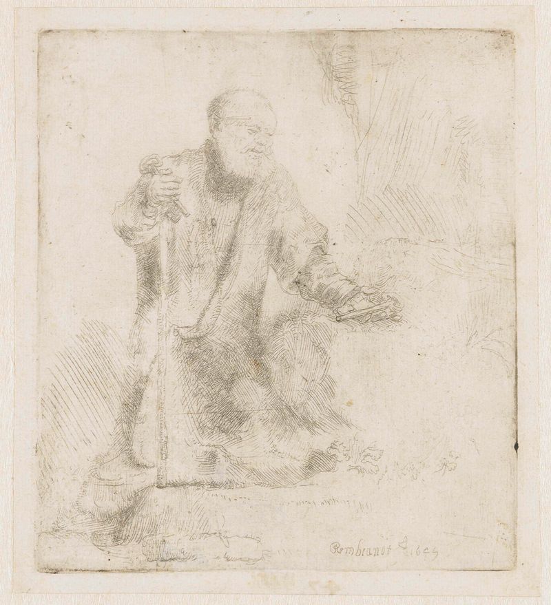 São Pedro em penitência, gravura de Rembrandt van Rijn, apresenta uma figura na sombra com um rosto riscado de lágrimas.