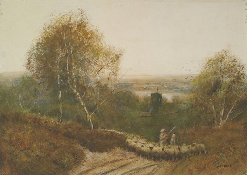 Paisaje de Leith Hill, Surrey de Frederick Hines, pintura al óleo que muestra vegetación exuberante y luz.