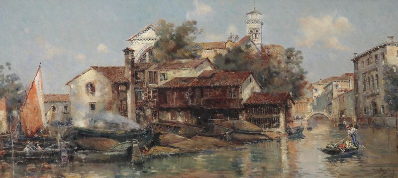 Gondelwerft San Trovasi de Antonio María de Reyna Manescau, óleo sobre lienzo que muestra góndolas en el agua.