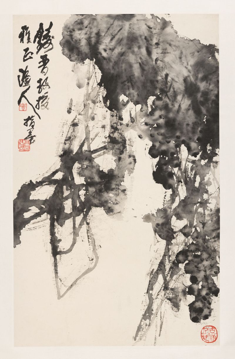 Pintura a dedo de flores de lótus por Zhang Lichen, tinta sobre papel