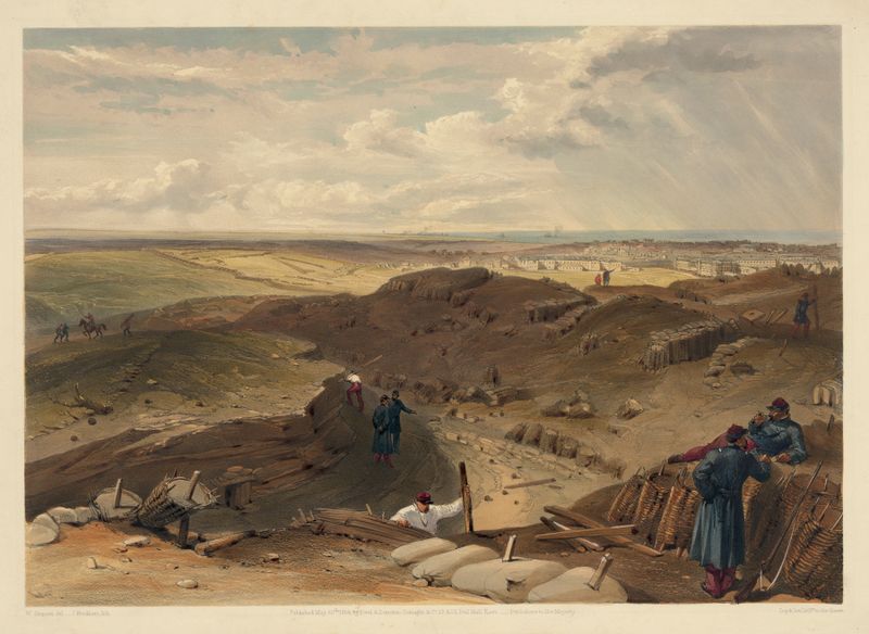 Ditch of the Malakoff de William Simpson, que representa un paisaje árido en un medio desconocido.