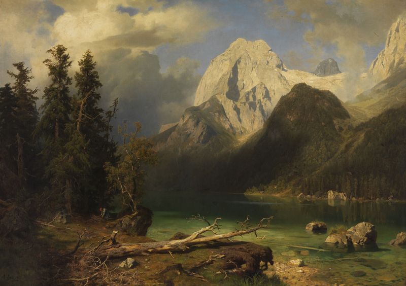 Lake landscape with mountains in the background, oil painting by August Wilhelm Leu