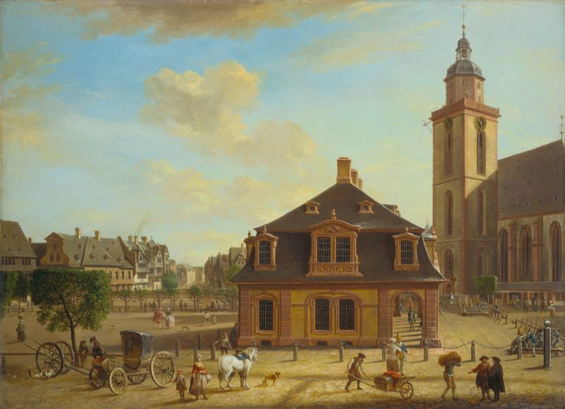 The Rossmarkt in Frankfurt by Christian Georg Schütz the elder, realism, depicting a bustling market scene