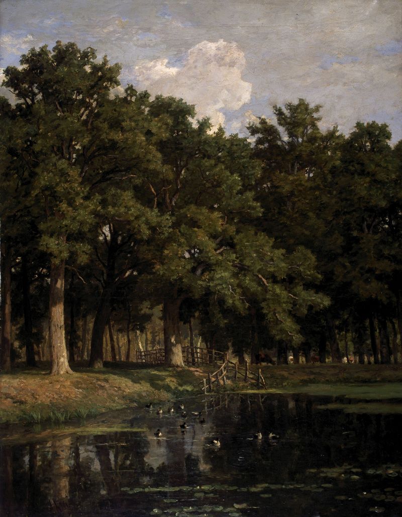 Woodland Pond by Frans Keelhoff, oil on canvas depicting a tranquil pond surrounded by trees.