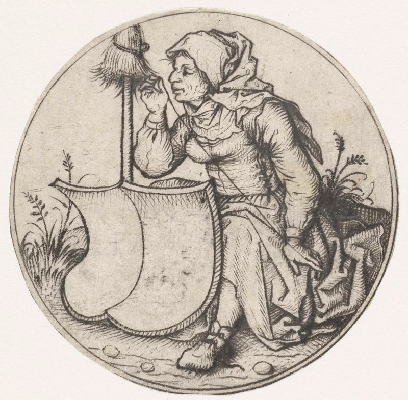 Aguafuerte de Meester van het Amsterdamse Kabinet que representa a una mujer hilando fibras.