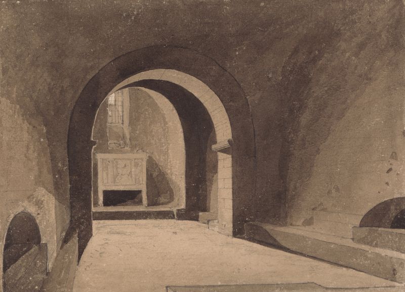 Aquarela de John Sell Cotman representando a cripta de São Gervásio com arcos intrincados.