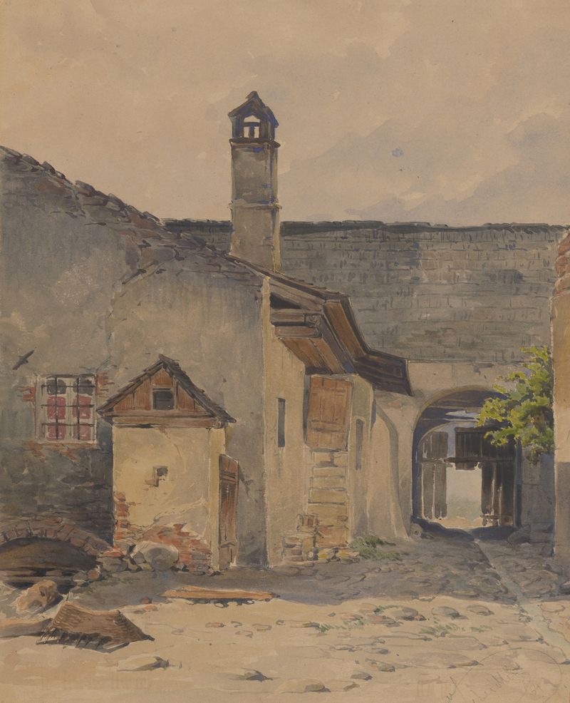 Old Yard by Friedrich Carl von Scheidlin, oil on canvas depicting a nostalgic landscape with gentle light.