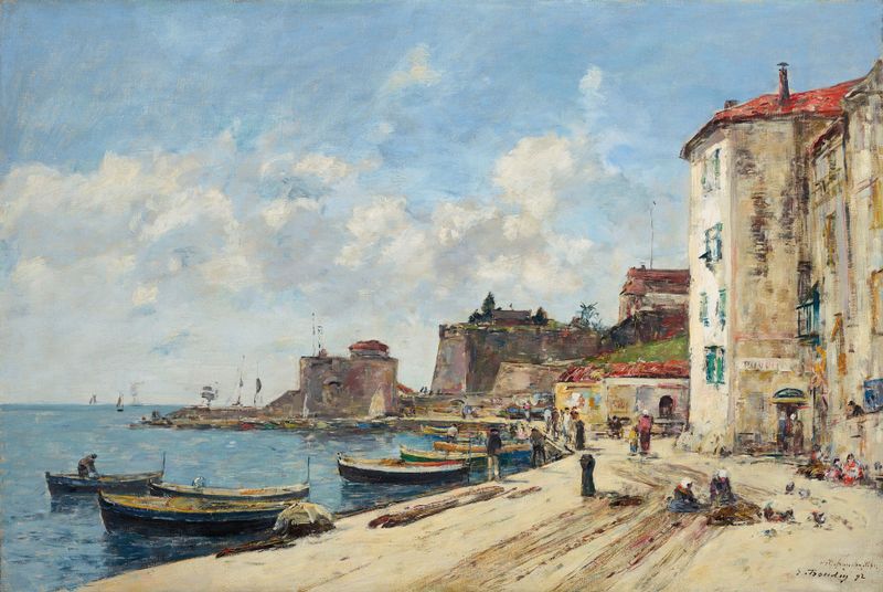 óleo sobre lienzo de Villefranche port por Eugène Boudin, con barcos y suaves olas