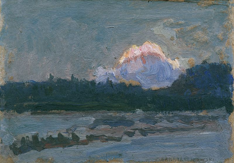 Abendrot Tatra de Jan Stanisławski, óleo sobre tela representando um pôr do sol sobre as montanhas Tatra