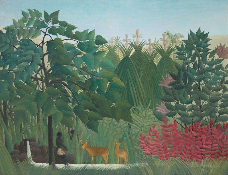 The Waterfall by Henri Rousseau, oil painting depicting a cascading waterfall in a tranquil forest.