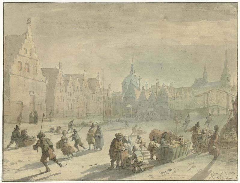 Escena de género que representa el patinaje sobre hielo en un lago congelado por Karel Slabbaert