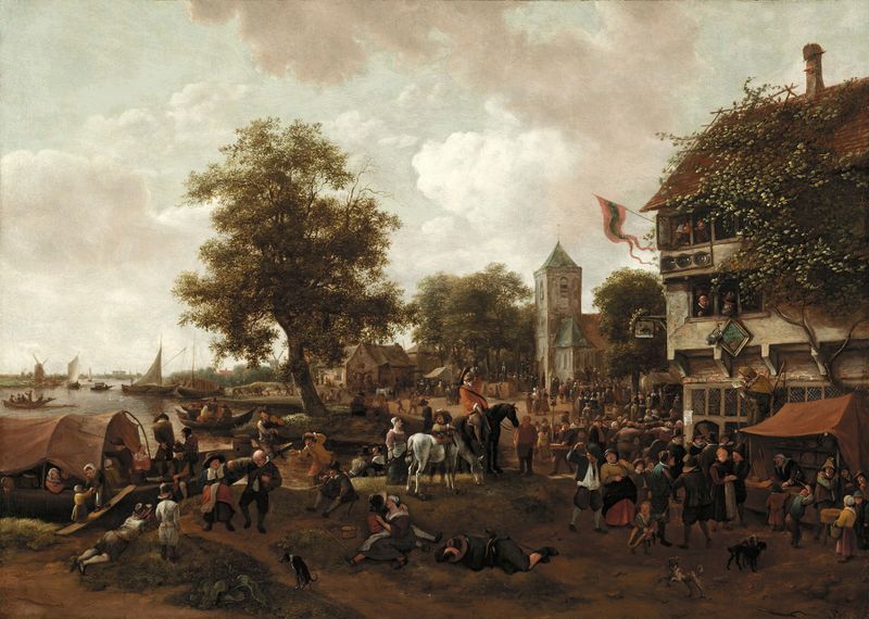 A Feira em Oegstgeest, pintura a óleo de Jan Steen representando uma cena festiva animada.