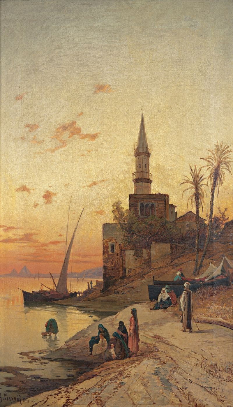 Oil painting by Hermann David Salomon Corrodi depicting the Nile at sunset