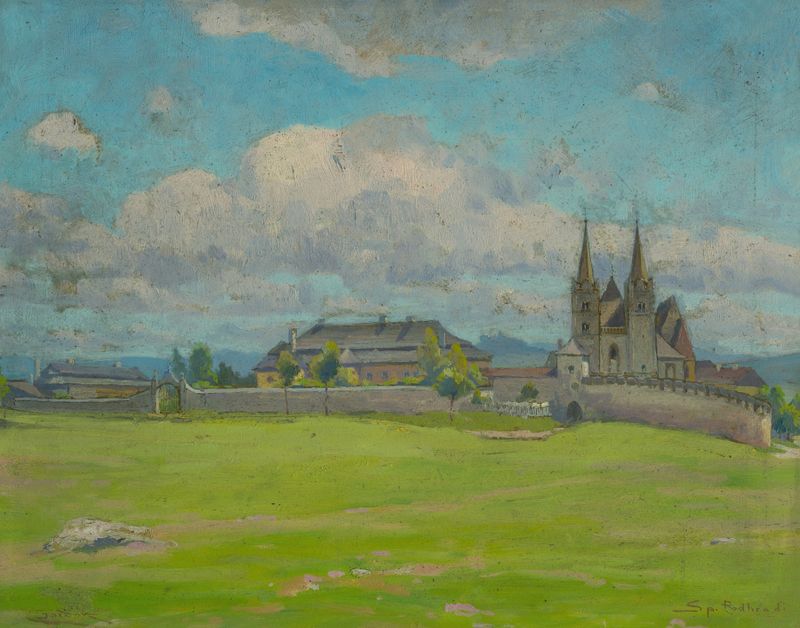 Pintura a óleo de paisagem de Ľudovít Čordák mostrando um céu e arquitetura