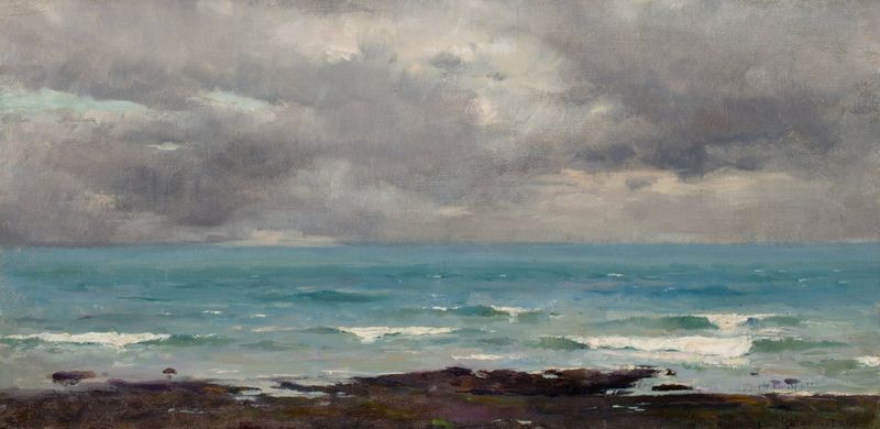 Cena marinha representando Praia em Etretat de Louis Ritter, pintura a óleo com penhascos e pôr do sol.