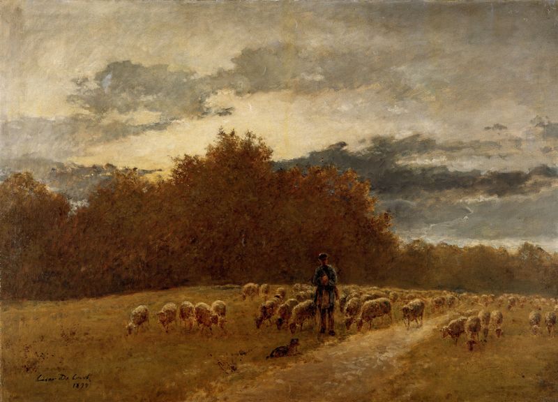 Paisaje con Pastor de César De Cock, pintura al óleo que muestra una escena campestre tranquila.
