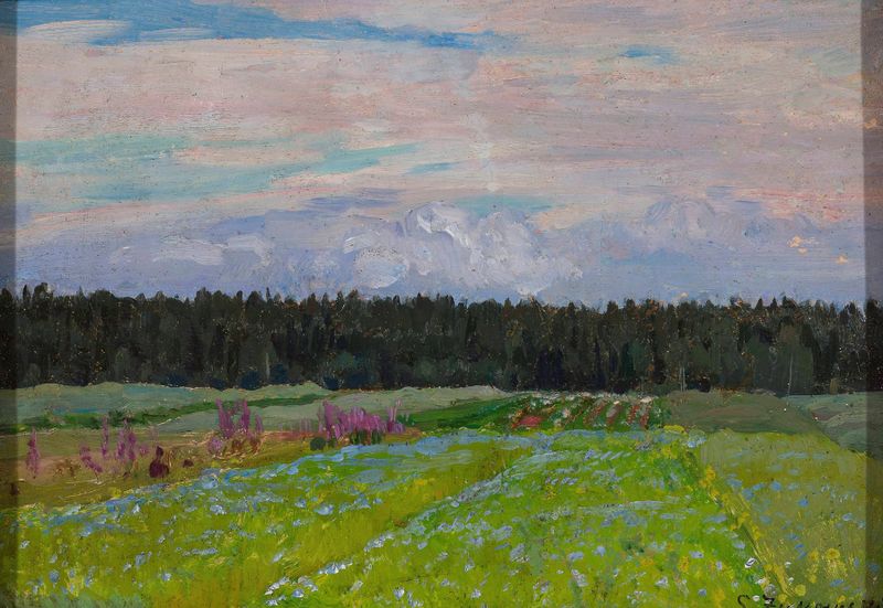 Landscape by Stanislaw Zukowski, oil on canvas depicting a serene forest and river.