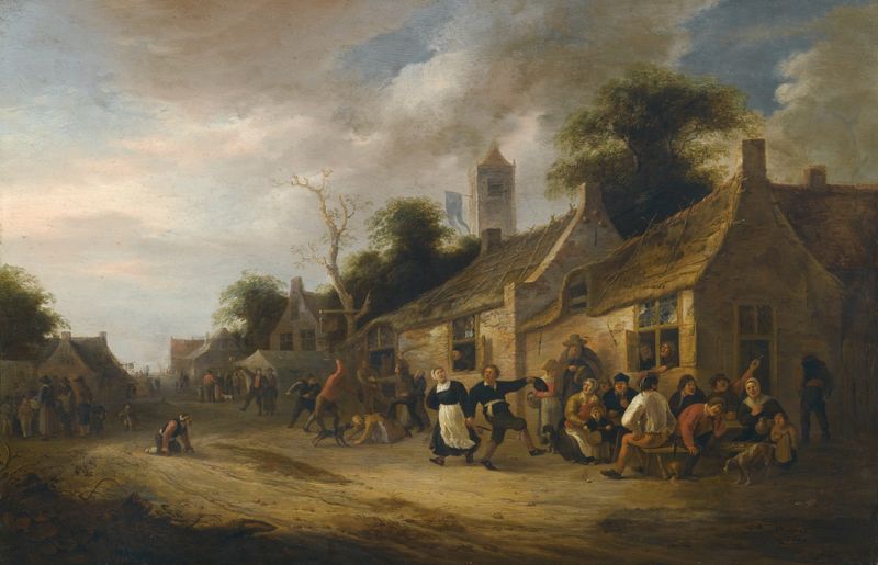 A Village Street Scene With Figures Dancing And Drinking, oil painting by Nicolaes Molenaer