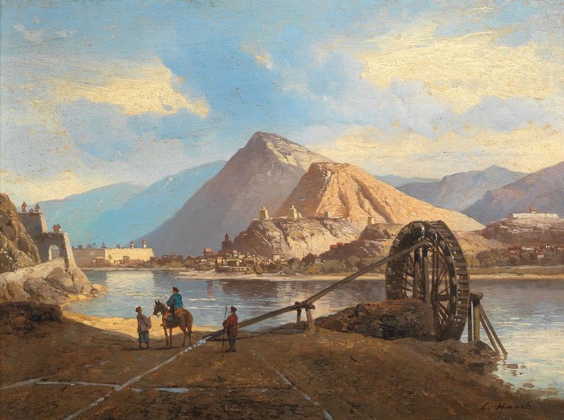 Genre scene depicting figures in a Southern Asian landscape by Carl Hasch