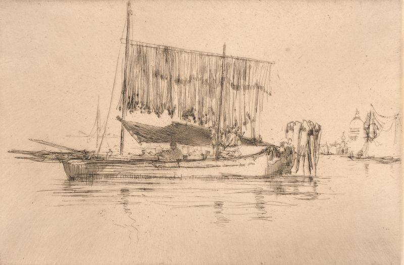 Fishing-boat de James Abbott McNeill Whistler, pintura al óleo que muestra un barco de pesca en aguas tranquilas