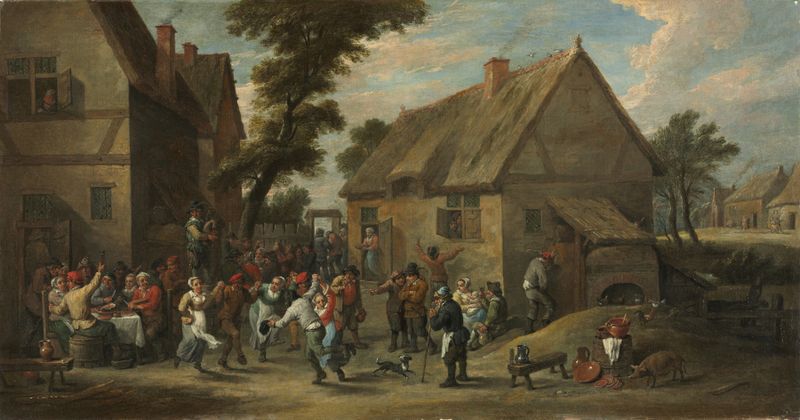 Village Festival by David Teniers The Elder, oil on canvas showing a vibrant village celebration.