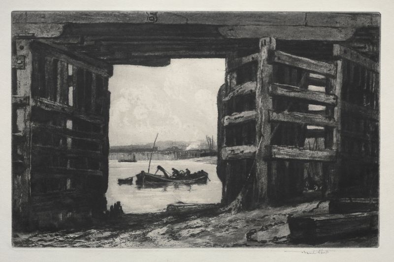 A Span of Old Battersea Bridge engraving by Sir Frank Short, featuring a misty landscape with a delicate arch bridge.