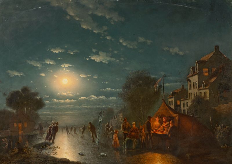 Elegante patinação à luz da lua, óleo sobre tela de Johann Mongels Culverhouse, com figuras patinando no gelo.