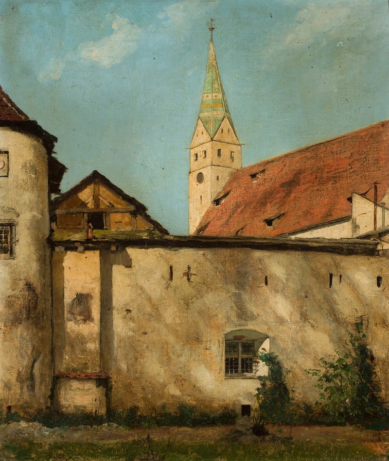 Courtyard scene with textured cobblestones, oil painting by Curt Agthe