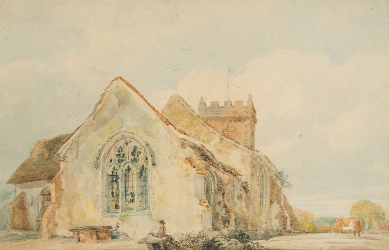 Stellingham Church de Thomas Girtin, pintura a óleo que retrata uma igreja cercada por névoa e luz da manhã