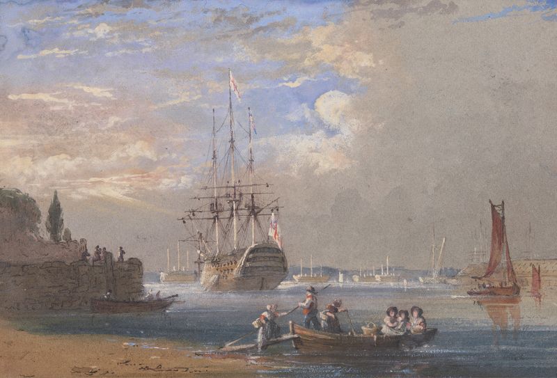 H.M.S. St. Vincent at Plymouth, oil on canvas by Nicholas Condy, depicting a ship on the ocean with billowing sails.